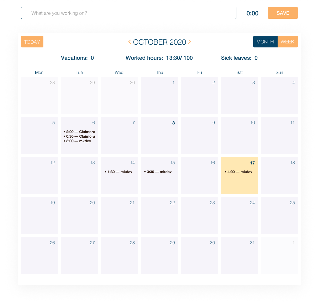 Claimora-Kalender mit erfassten Arbeitszeiten